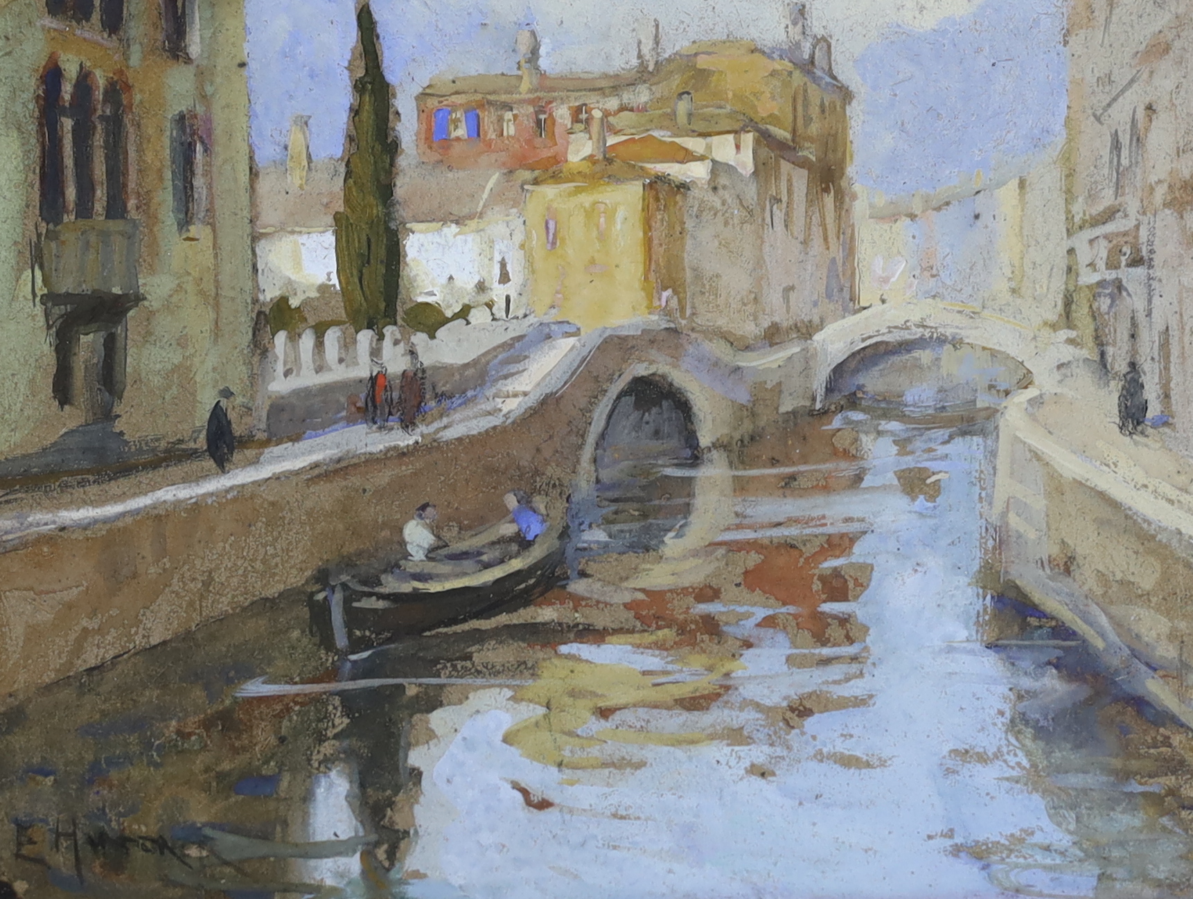 Eleanore Hunter (Exh. 1908-9), watercolour on brown paper, Venetian canal scene, signed, 19 x 25cm, unframed